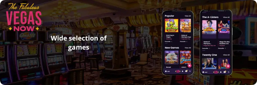 Wide selection of games on the Vegas Now casino mobile interface in NZ