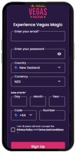 Clean registration form layout at VegasNow requesting essential user profile details