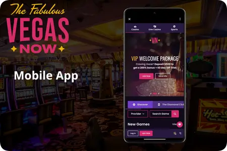 smartphone showcasing the fully optimized VegasNow mobile app home layout with an active VIP welcome package banner