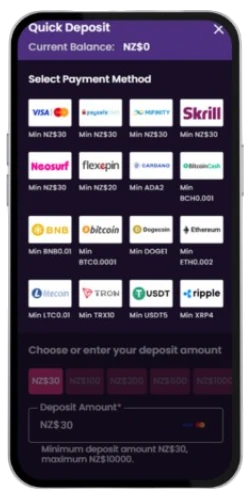 Mobile cashier interface of VegasNow Casino showing a list of quick deposit payment methods