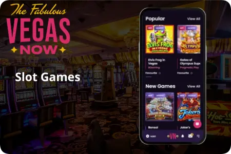 A smartphone showing the popular and new slot games catalog section within the VegasNow mobile application interface.