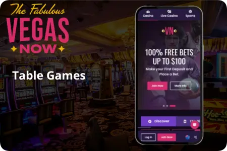 A mobile device displaying the VegasNow platform interface highlighting promotional materials for sports and table game options