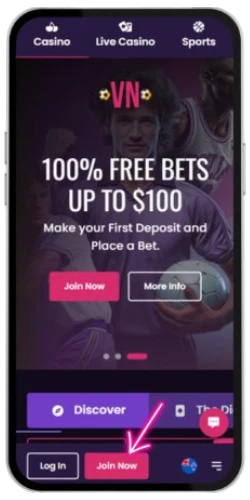 Main mobile landing page of VegasNow with a pink arrow pointing directly