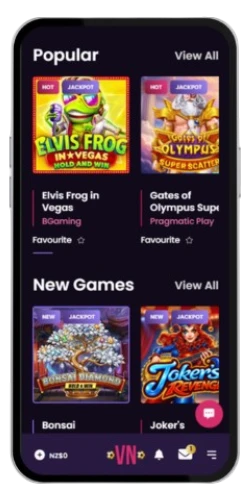 Mobile game lobby screen of VegasNow Casino displaying sections for popular