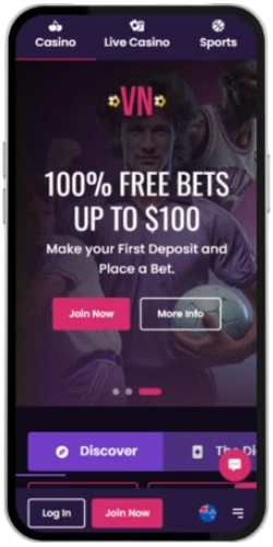 Mobile homepage of VegasNow featuring a sports betting promotional banner