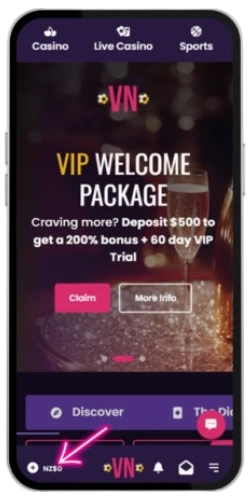 Logged-in profile dashboard at VegasNow showing a zero balance with
